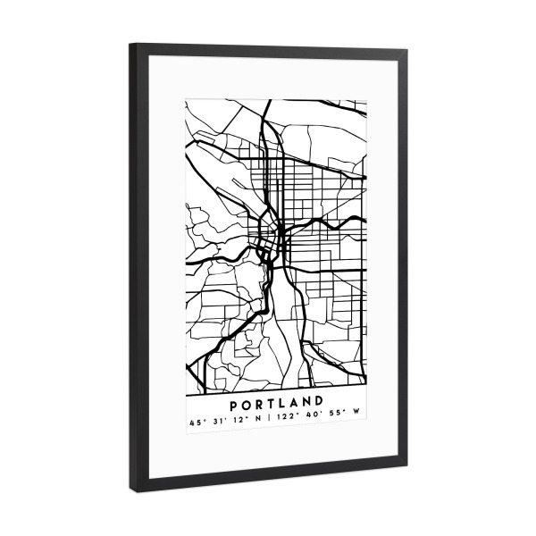 Poster mit Rahmen Schwarz (Metallic) "PORTLAND OREGON BLACK CITY MAP" artboxONE - Städte,Reise,Schwarzweiß,Städte / Weitere,Kartografie