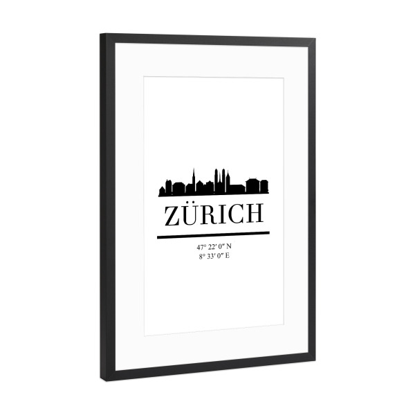 Poster mit Rahmen Schwarz (Metallic) "ZURICH SWITZERLAND BLACK SKYLINE" artboxONE - Städte,Reise,Schwarzweiß,Städte / Zürich,Kartografie