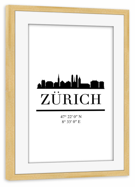 Poster mit Rahmen kiefer "ZURICH SWITZERLAND BLACK SKYLINE" artboxONE - Städte,Reise,Schwarzweiß,Städte / Zürich,Kartografie