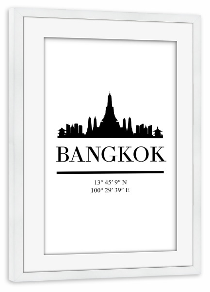 Poster mit Rahmen weiß "BANGKOK THAILAND BLACK SKYLINE ART" artboxONE - Städte,Reise,Schwarzweiß,Reise / Asien,Städte / Weitere,Kartografie