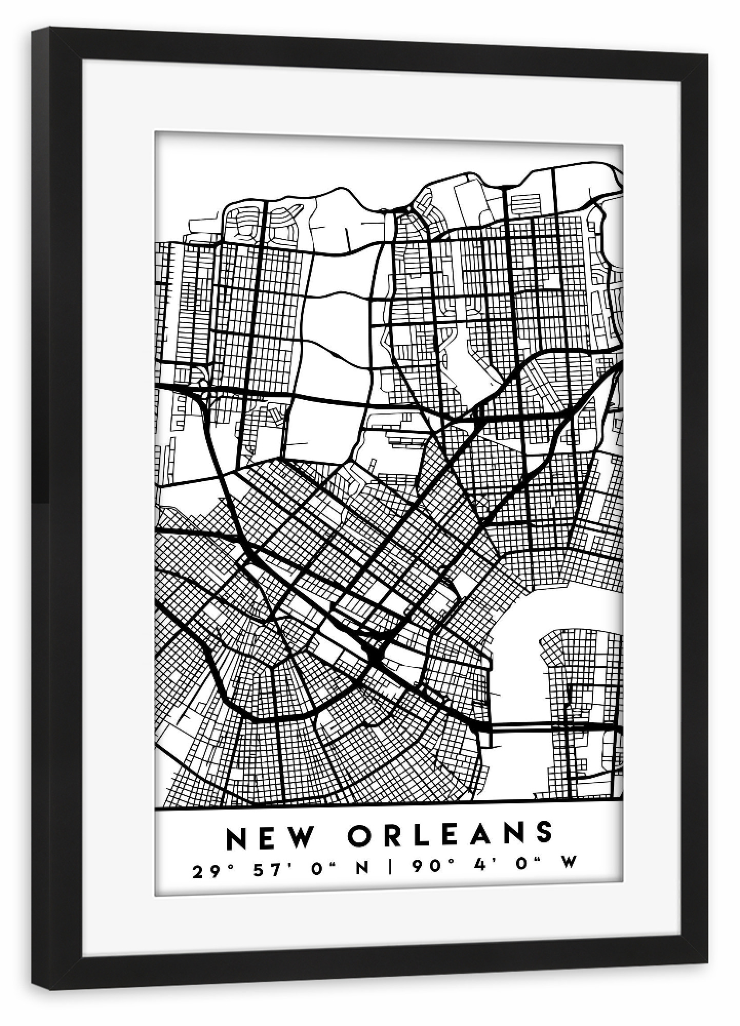 Poster mit Rahmen schwarz "NEW ORLEANS LOUISIANA CITY MAP" artboxONE - Städte,Reise,Schwarzweiß,Städte / Weitere,Kartografie