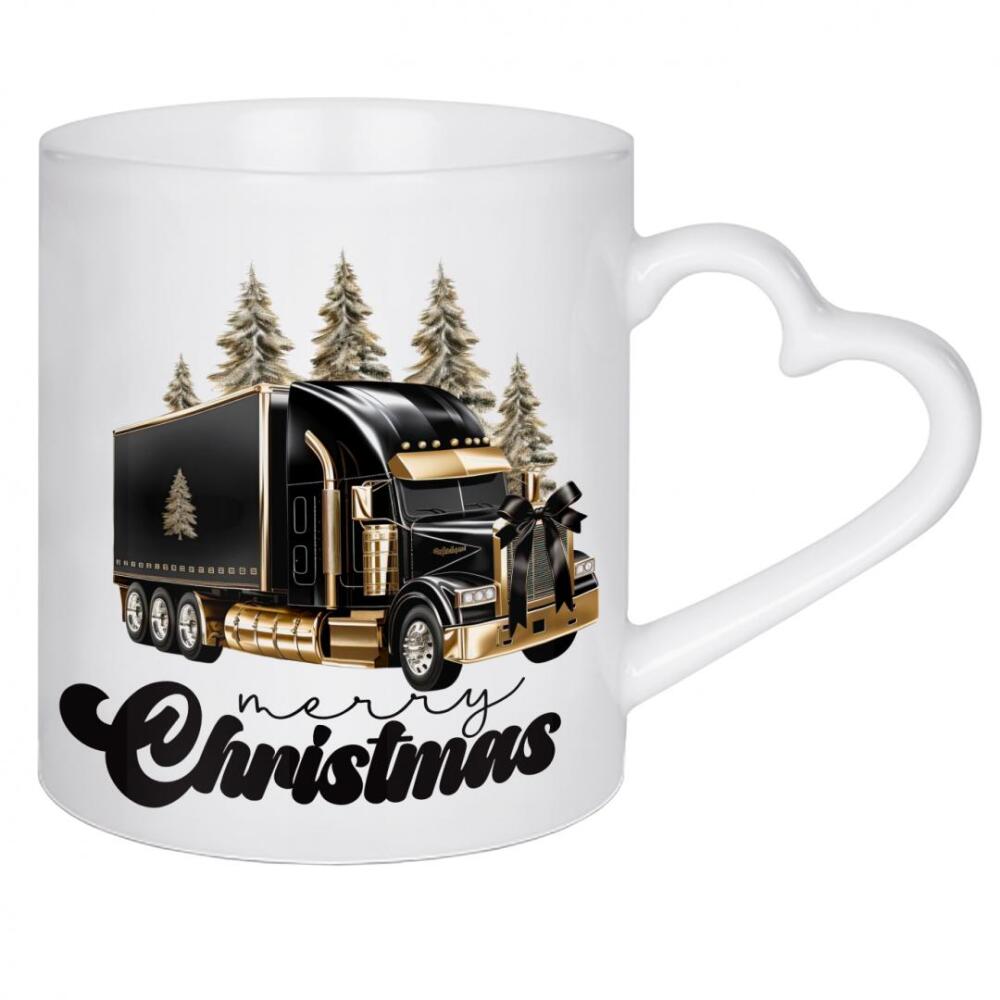 Herztasse "Schwarzer Frohe-Weihnachts-Truck" artboxONE - Automobile,Weihnachten - Weihnachten,Fröhlich,Pickup,Lkw,Baum,Schwarz,Gold,Bilder,Aufkleber