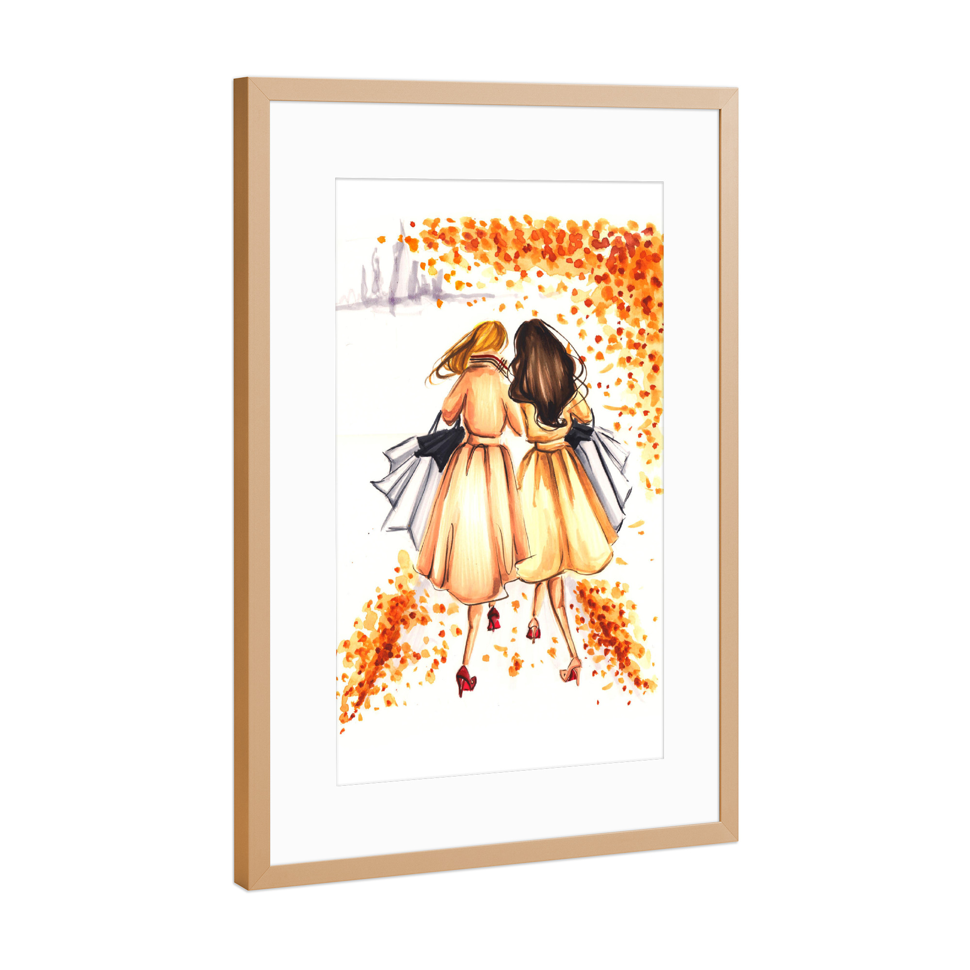 Poster mit Rahmen Kupfer "Girls out for shopping" artboxONE - Fashion - Fashion,Fashion illustration,Girls,Galentines
