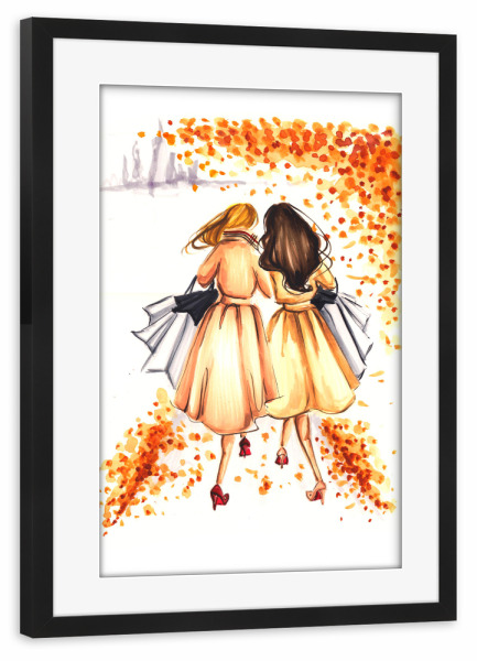 Poster mit Rahmen schwarz "Girls out for shopping" artboxONE - Fashion - Fashion,Fashion illustration,Girls,Galentines