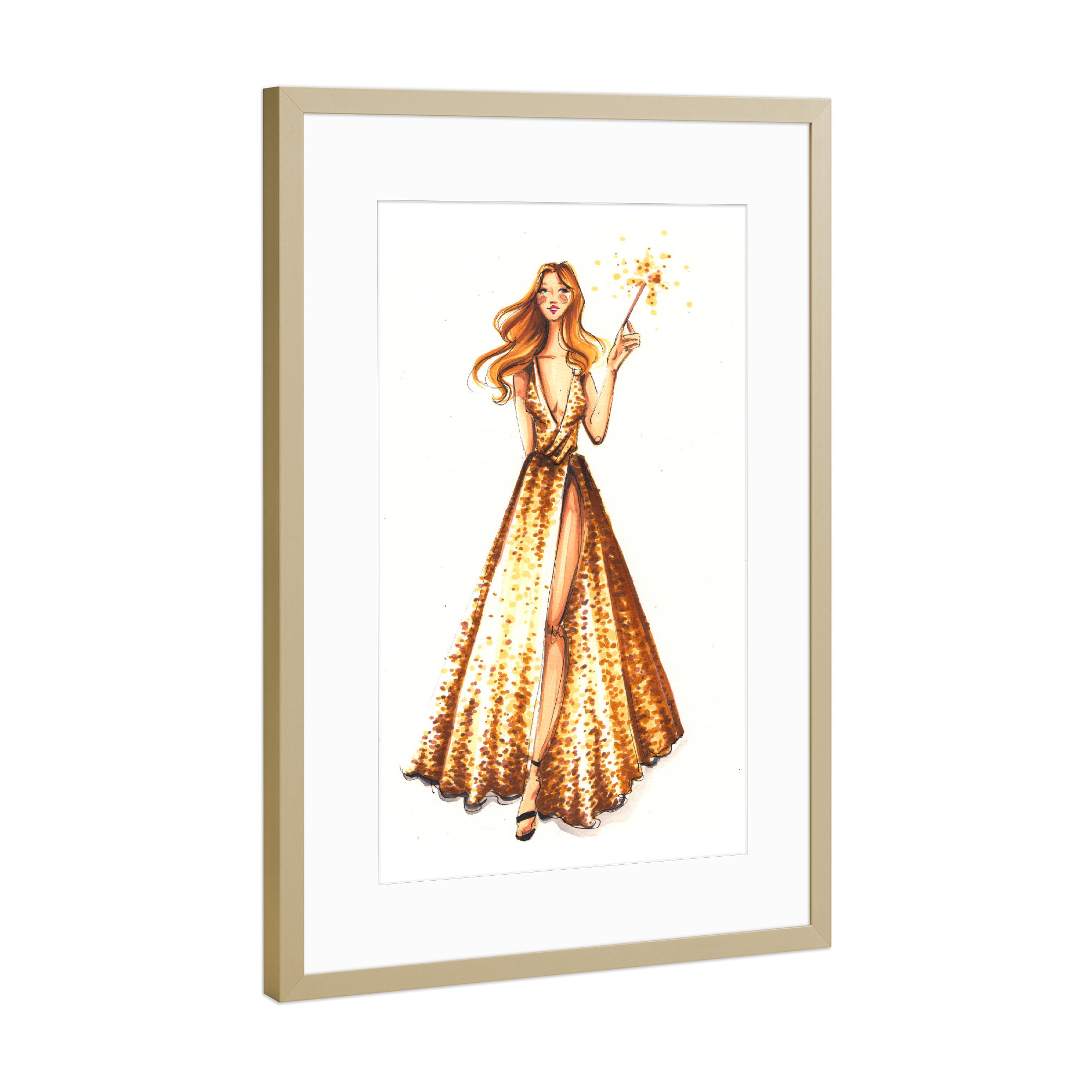 Poster mit Rahmen Gold "Party Girl with Sparkler" artboxONE - Fashion - Fashion,Fashion illustration,Girl,Dress