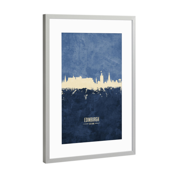 Poster mit Rahmen Silber "Edinburgh Skyline Navy" artboxONE - Städte - Edinburgh,Scotland,Skyline,Cityscape,Painting,Watercolour,Stadtbild