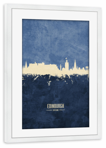 Poster mit Rahmen weiß "Edinburgh Skyline Navy" artboxONE - Städte - Edinburgh,Scotland,Skyline,Cityscape,Painting,Watercolour,Stadtbild