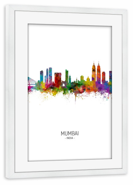 Poster mit Rahmen weiß "Mumbai Skyline Portrait" artboxONE - Städte - Mumbai,India,Skyline,Cityscape,Painting,Watercolour,Stadtbild,Bombay