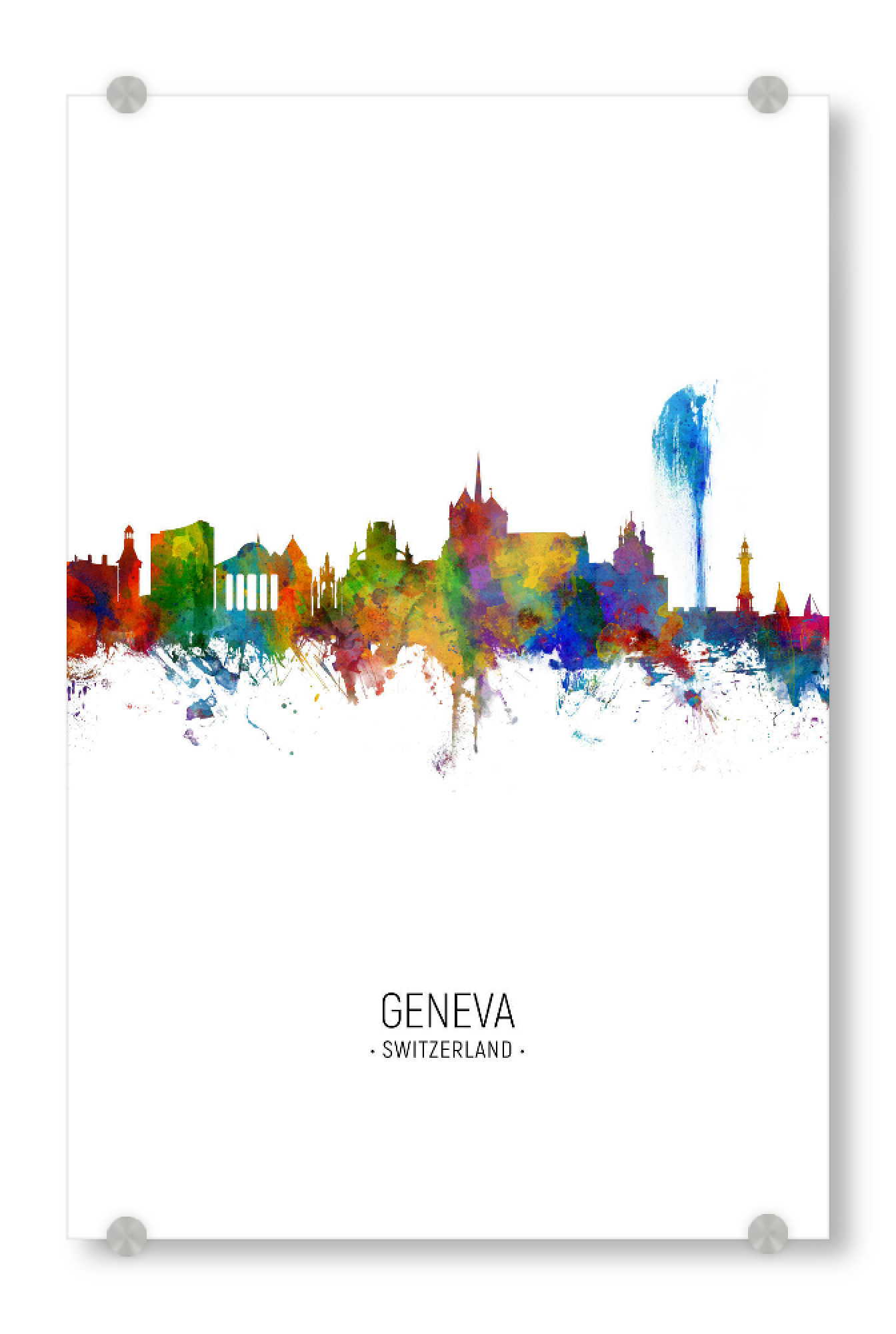 Acrylglasbild "Geneva Skyline Portrait" artboxONE - Städte - Geneva,Switzerland,Skyline,Cityscape,Painting,Watercolour,Stadtbild