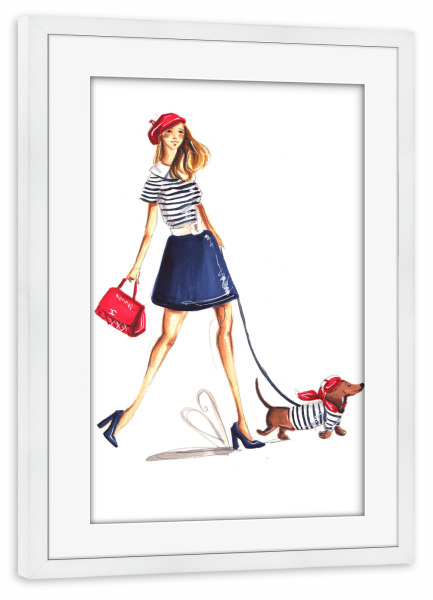 Poster mit Rahmen weiß "Parisienne with Wiener Dog" artboxONE - Tiere,Menschen,Fashion - Parisienne,Paris,Wiener dog,Dog,Sausage dog,Girl