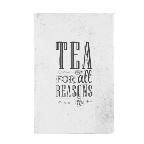Holzbild "Tea for all reasons" artboxONE - Essen & Trinken - Tea,Cafe,Breakfast,Label,Retro,Black tea,Old,Spoon,Lettering,Teapot,Sugar,Antique,Vintage
