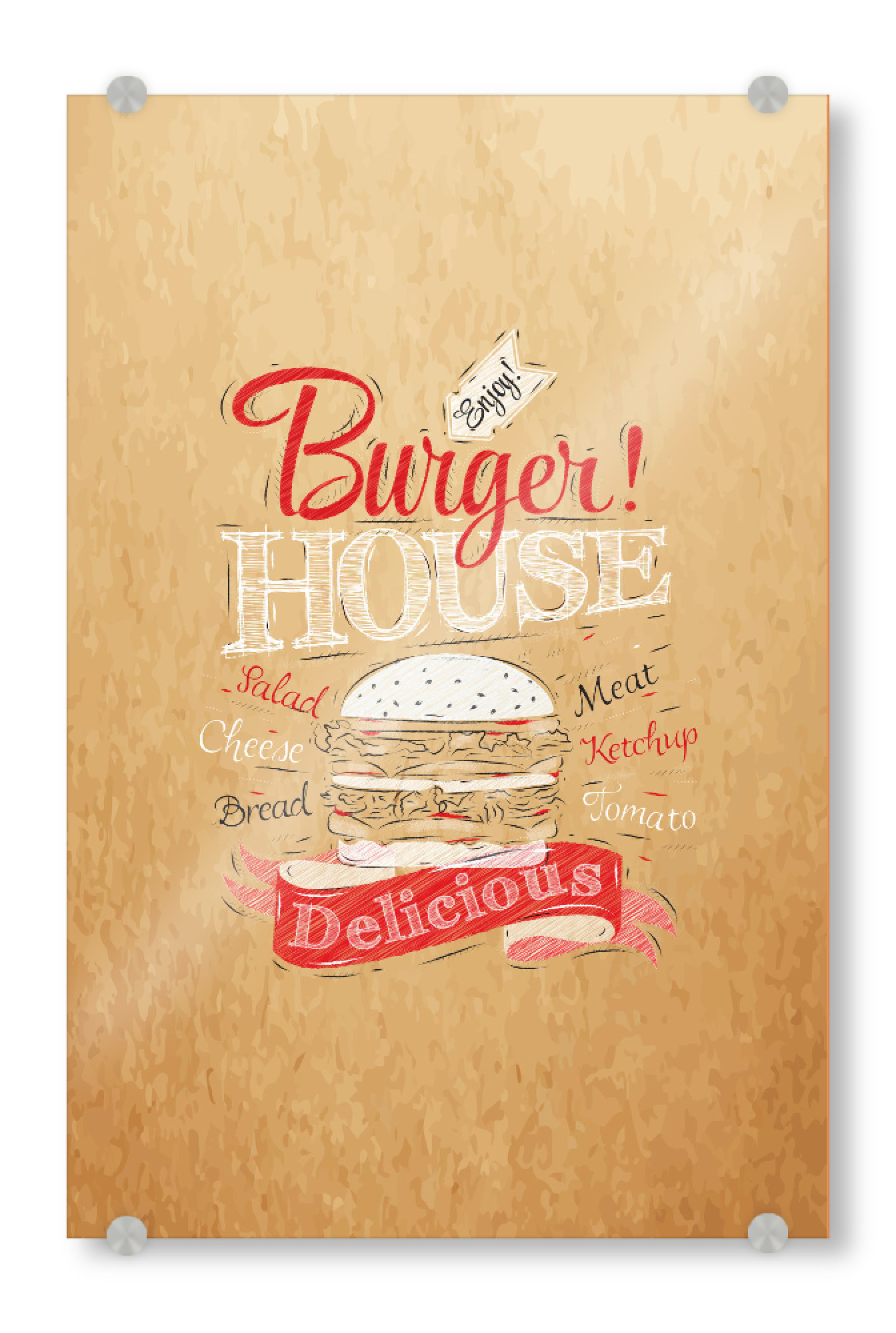Acrylglasbild "Burger house craft" artboxONE - Essen & Trinken - Beef,Burger,Cheese,Dirty,Fast,Food,Grunge,Hamburger,Old,Retro,Vintage