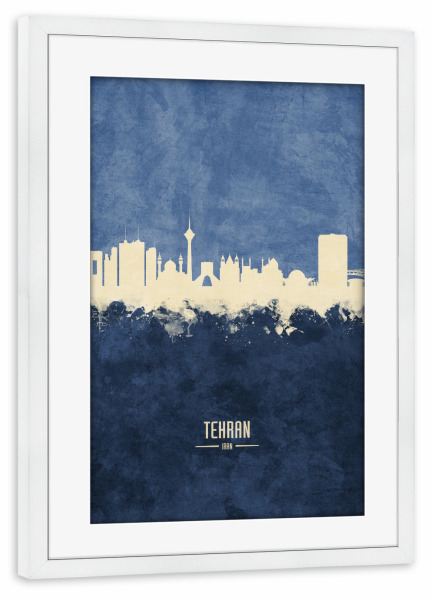 Poster mit Rahmen weiß "Tehran Skyline Navy" artboxONE - Städte - Tehran,Iran,Skyline,Cityscape,Painting,Watercolour,Stadtbild