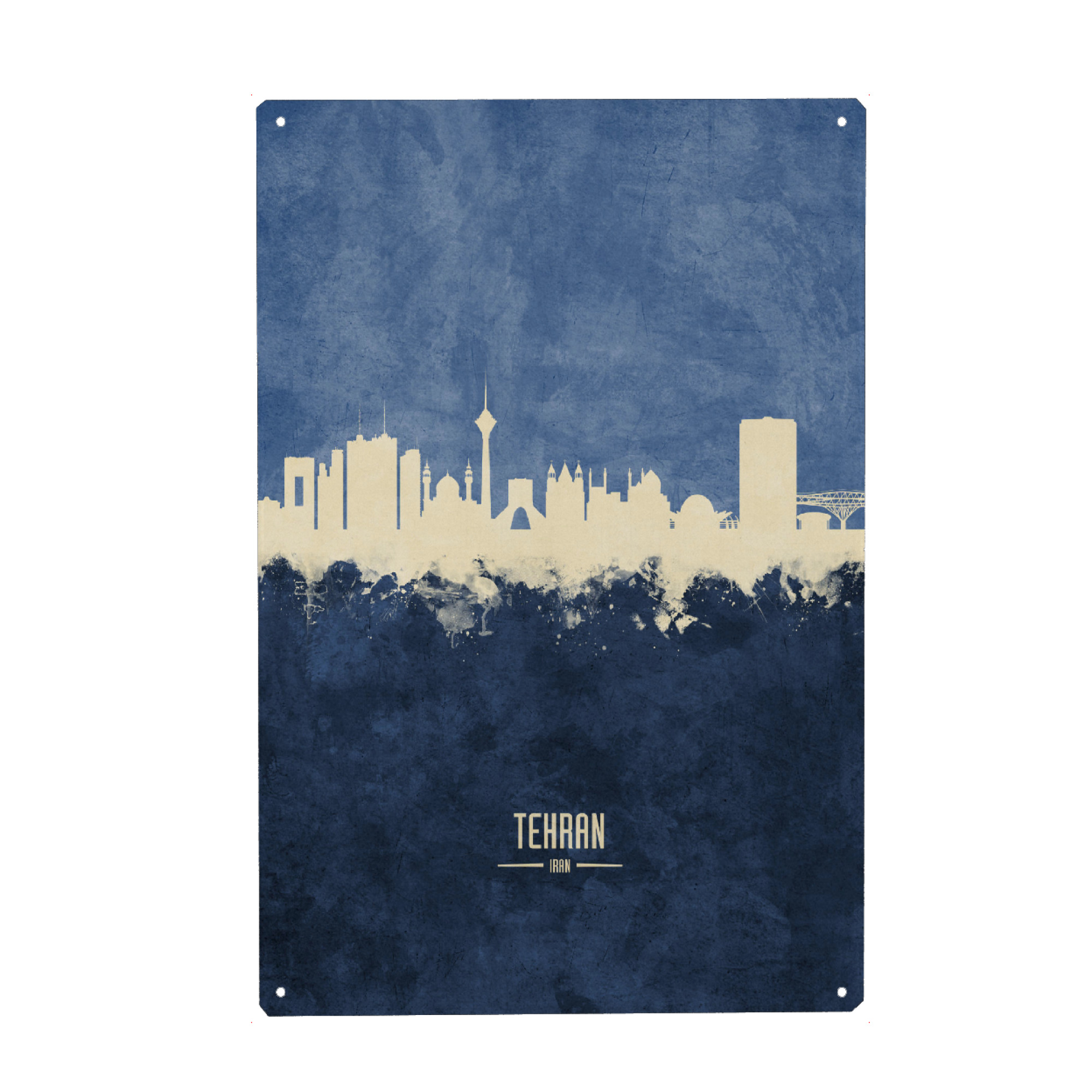 Metall Poster "Tehran Skyline Navy" artboxONE - Städte - Tehran,Iran,Skyline,Cityscape,Painting,Watercolour,Stadtbild - Blechschild