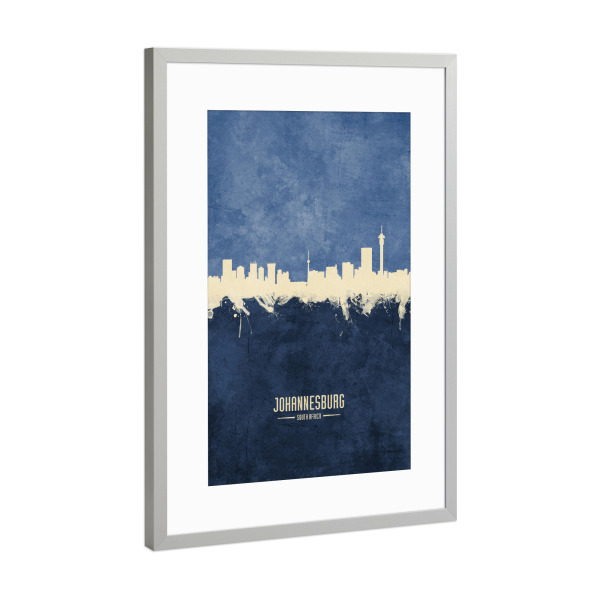 Poster mit Rahmen Silber "Johannesburg Skyline Navy" artboxONE - Städte - Johannesburg,South africa,Skyline,Cityscape,Painting,Watercolour,Stadtbild