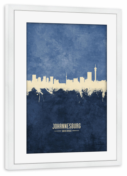 Poster mit Rahmen weiß "Johannesburg Skyline Navy" artboxONE - Städte - Johannesburg,South africa,Skyline,Cityscape,Painting,Watercolour,Stadtbild