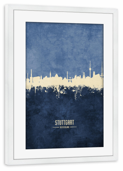 Poster mit Rahmen weiß "Stuttgart Skyline Navy" artboxONE - Städte / Stuttgart - Stuttgart,Germany