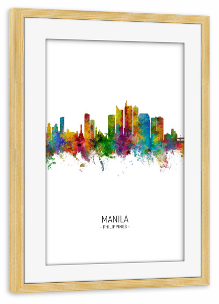 Poster mit Rahmen kiefer "Manila Skyline Portrait" artboxONE - Städte - Manila,Philippines,Skyline,Cityscape,Painting,Watercolour,Stadtbild