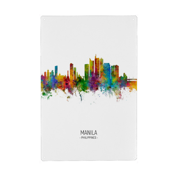 Metall Poster "Manila Skyline Portrait" artboxONE - Städte - Manila,Philippines,Skyline,Cityscape,Painting,Watercolour,Stadtbild - Blechschild