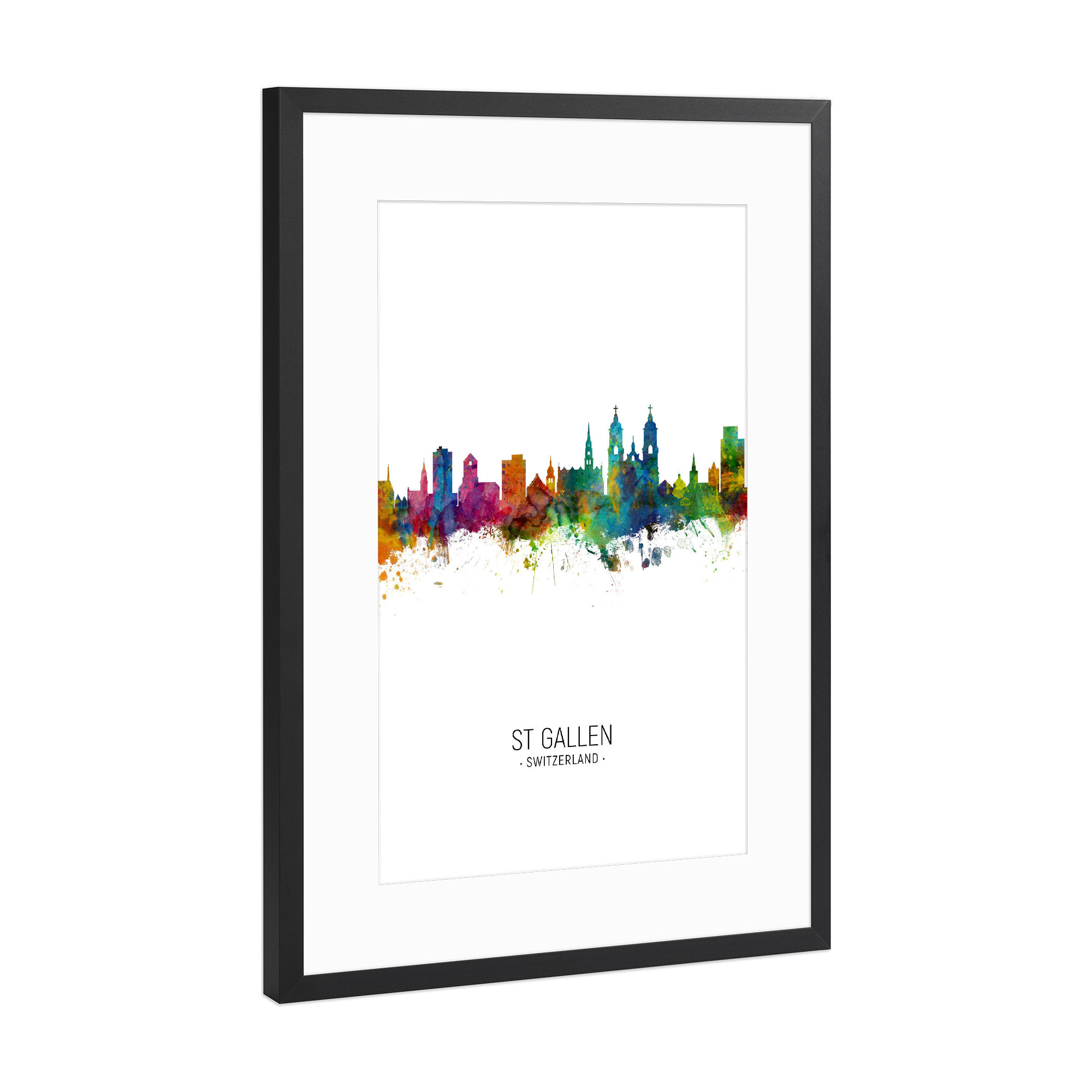 Poster mit Rahmen Schwarz (Metallic) "St Gallen Skyline Skyline" artboxONE - Städte