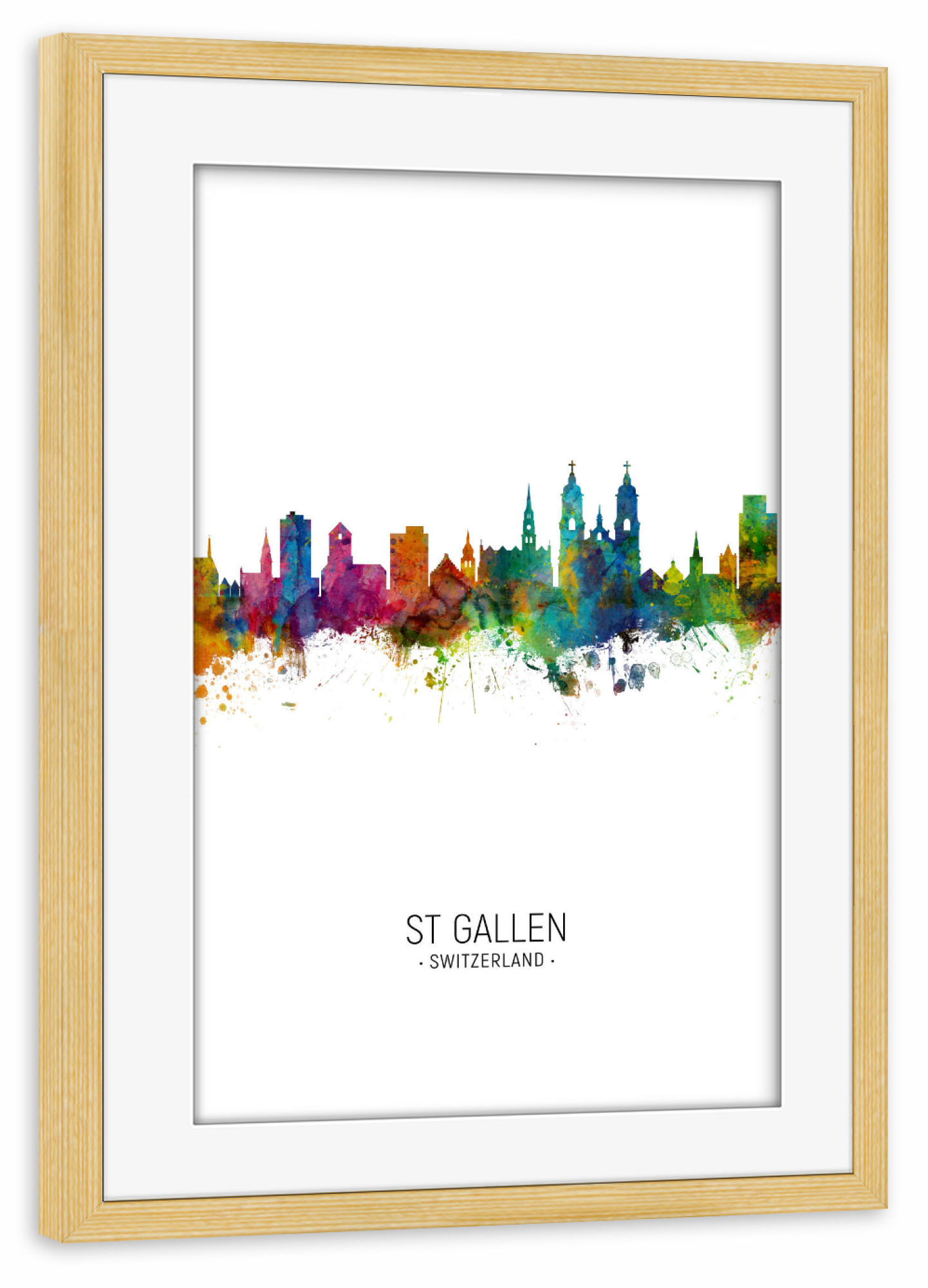 Poster mit Rahmen kiefer "St Gallen Skyline Skyline" artboxONE - Städte - St gallen,Switzerland,Skyline,Cityscape,Painting,Watercolour,Stadtbild