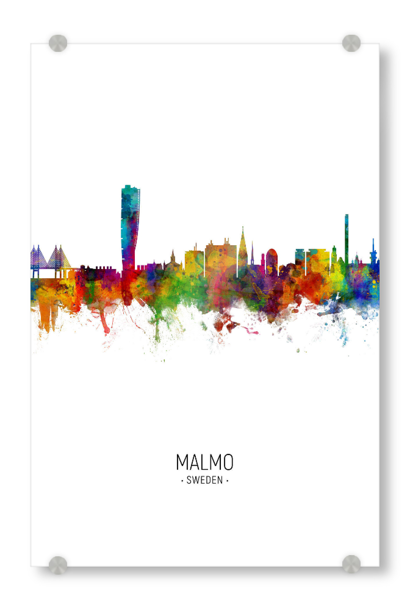 Acrylglasbild "Malmo Skyline Portrait" artboxONE - Städte - Malmo,Sweden,Skyline,Cityscape,Painting,Watercolour,Stadtbild