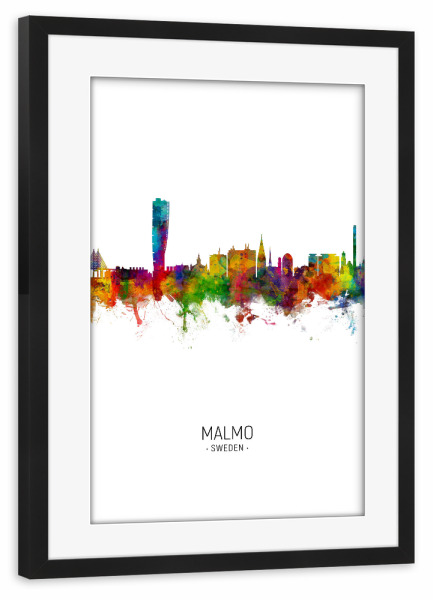 Poster mit Rahmen schwarz "Malmo Skyline Portrait" artboxONE - Städte - Malmo,Sweden,Skyline,Cityscape,Painting,Watercolour,Stadtbild