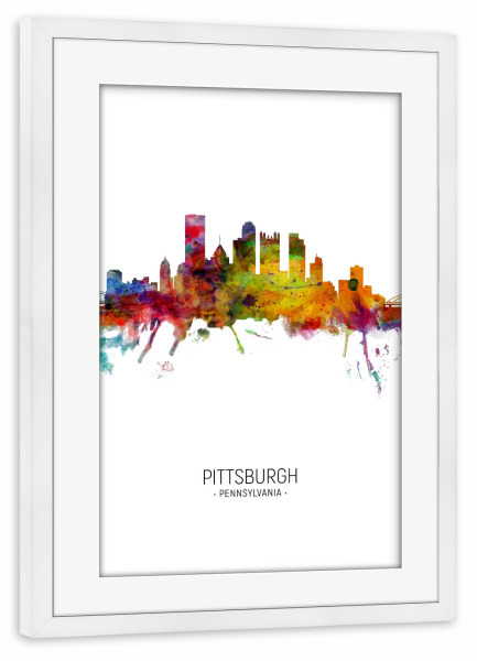 Poster mit Rahmen weiß "Pittsburgh Skyline Portrait" artboxONE - Städte - Pittsburgh,Pennsylvania,Skyline,Cityscape,Painting,Watercolour,Stadtbild