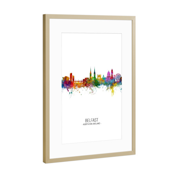 Poster mit Rahmen Gold "Belfast Skyline Portrait" artboxONE - Städte - Belfast,Northern ireland,Skyline,Cityscape,Painting,Watercolour,Stadtbild