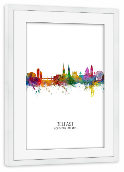 Poster mit Rahmen weiß "Belfast Skyline Portrait" artboxONE - Städte - Belfast,Northern ireland,Skyline,Cityscape,Painting,Watercolour,Stadtbild