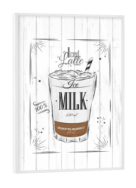 Poster mit weißem Rahmen "Coffee iced latte wood" artboxONE - Essen & Trinken,Schwarzweiß - Ice,Latte,Coffee,Cafe,Drink,Cup,Caffeine,Espresso