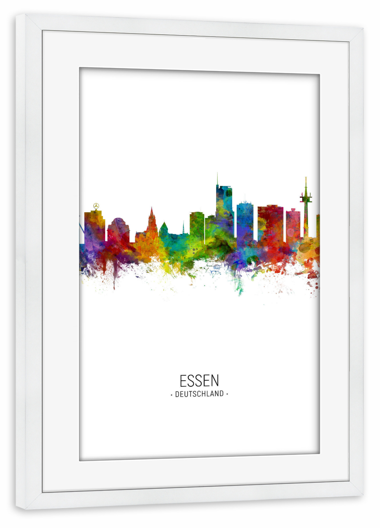 Poster mit Rahmen weiß "Essen Skyline Portrait" artboxONE - Städte - Essen,Germany,Skyline,Cityscape,Painting,Watercolour,Stadtbild