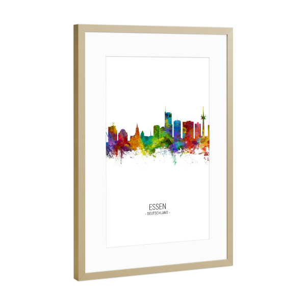 Poster mit Rahmen Gold "Essen Skyline Portrait" artboxONE - Städte - Essen,Germany,Skyline,Cityscape,Painting,Watercolour,Stadtbild