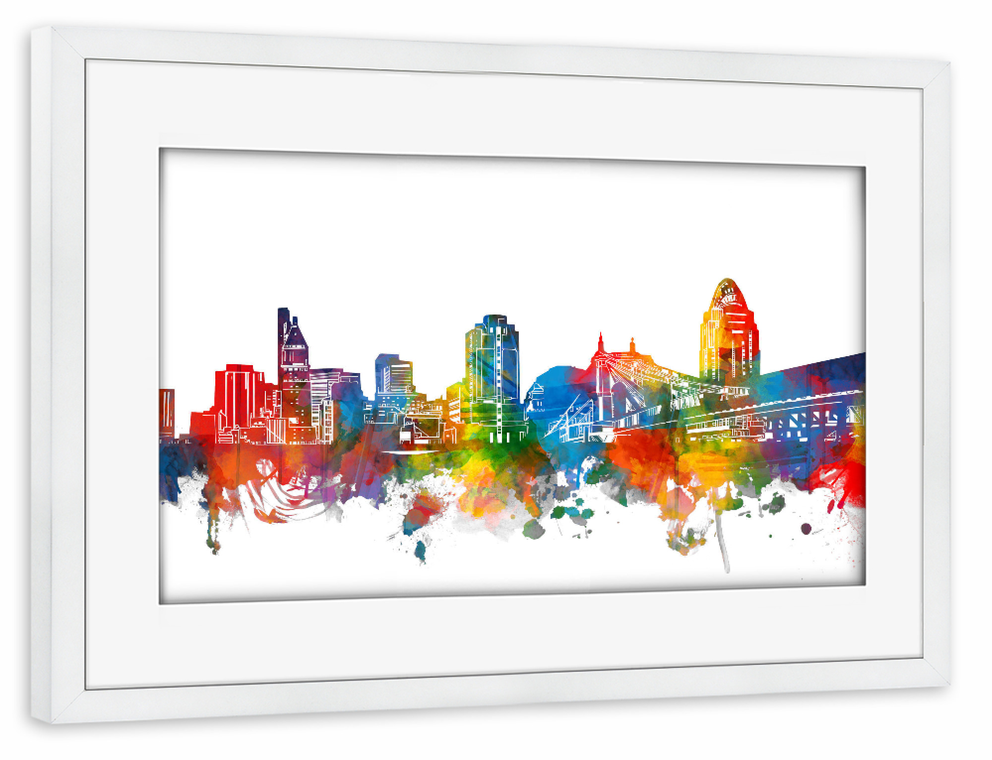 Poster mit Rahmen weiß "Cincinnati skyline watercolor" artboxONE - Städte - Cincinnati,Ohio,Usa,America