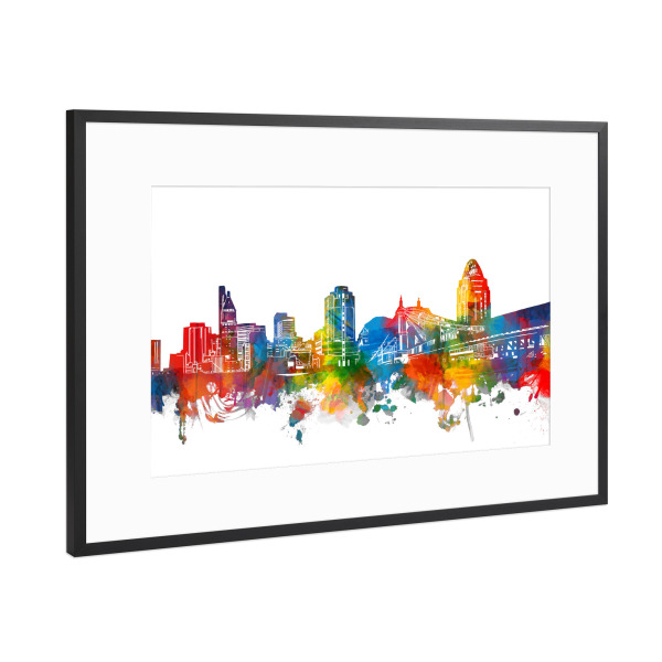 Poster mit Rahmen Schwarz (Metallic) "Cincinnati skyline watercolor" artboxONE - Städte - Cincinnati,Ohio,Usa,America