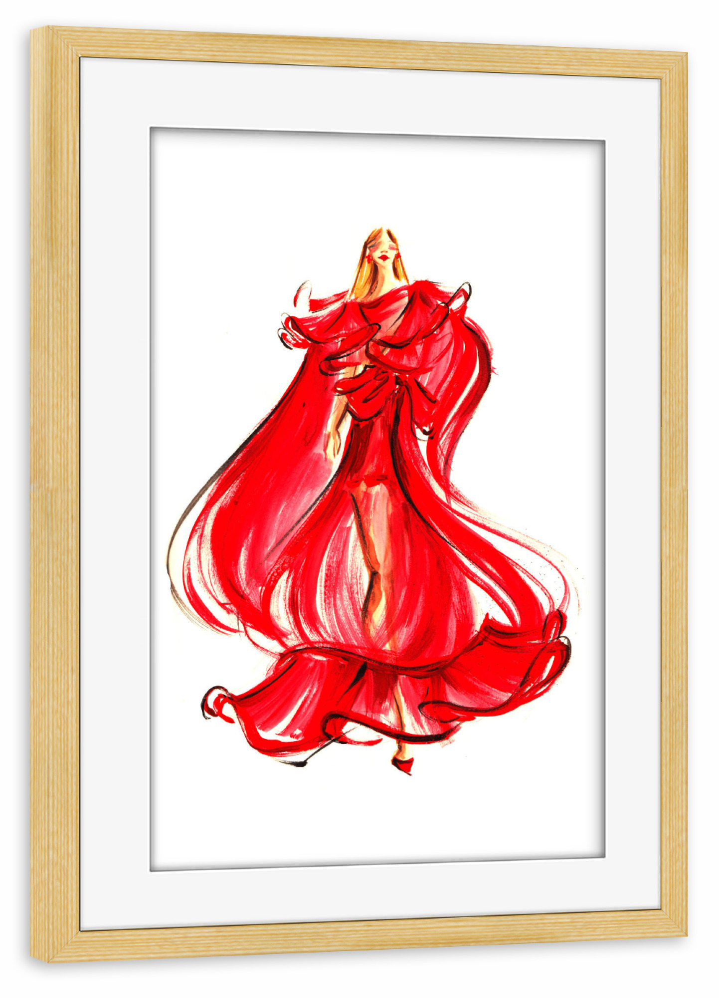 Poster mit Rahmen kiefer "Haute Couture Woman in Red" artboxONE - Fashion - Haute couture,Fashion,Runway,Fashion illustration,Woman
