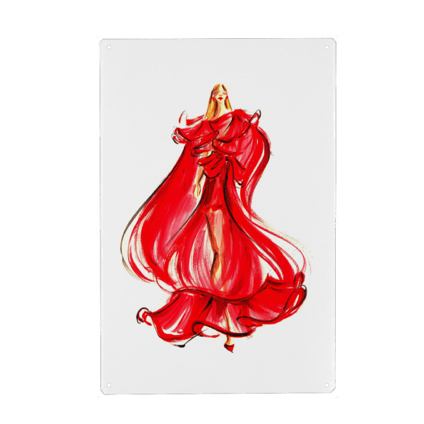 Metall Poster "Haute Couture Woman in Red" artboxONE - Fashion - Haute couture,Fashion,Runway,Fashion illustration,Woman - Blechschild