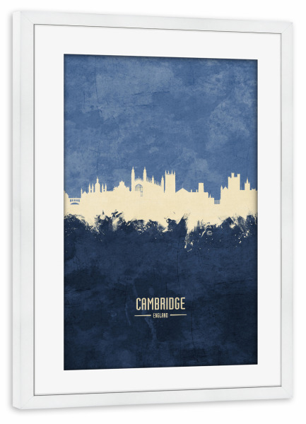 Poster mit Rahmen weiß "Cambridge Skyline Navy" artboxONE - Städte - Cambridge,England,Skyline,Cityscape,Painting,Watercolour,Stadtbild