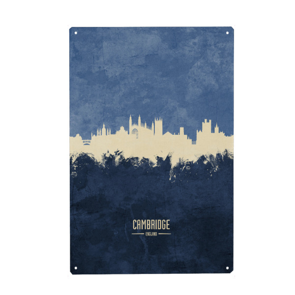 Holzbild "Cambridge Skyline Navy" artboxONE - Städte - Cambridge,England,Skyline,Cityscape,Painting,Watercolour,Stadtbild
