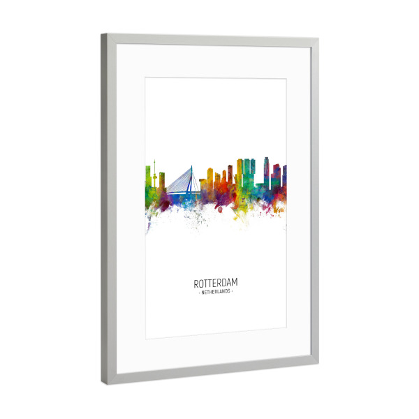 Poster mit Rahmen Silber "Rotterdam Skyline Portrait" artboxONE - Städte - Rotterdam,Netherlands,Skyline,Cityscape,Painting,Watercolour,Stadtbild