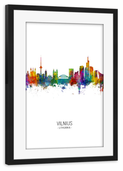 Poster mit Rahmen schwarz "Vilnius Skyline Portrait" artboxONE - Städte - Vilnius,Lithuania,Skyline,Cityscape,Painting,Watercolour,Stadtbild