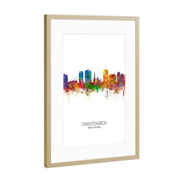 Poster mit Rahmen Gold "Christchurch Skyline Portrait" artboxONE - Städte - Christchurch,New zealand,Skyline,Cityscape,Painting,Watercolour,Stadtbild