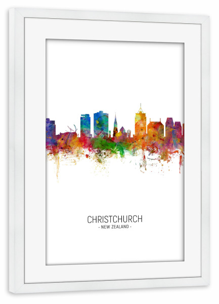 Poster mit Rahmen weiß "Christchurch Skyline Portrait" artboxONE - Städte - Christchurch,New zealand,Skyline,Cityscape,Painting,Watercolour,Stadtbild