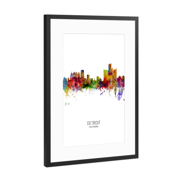 Poster mit Rahmen Schwarz (Metallic) "Detroit Skyline Portrait" artboxONE - Städte - Detroit,Michigan,Skyline,Cityscape,Painting,Watercolour,Stadtbild