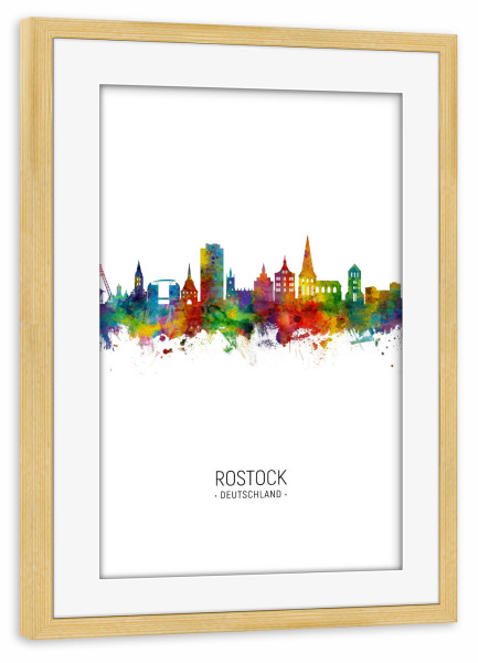 Poster mit Rahmen kiefer "Rostock Skyline Portrait" artboxONE - Städte - Rostock,Germany,Skyline,Cityscape,Painting,Watercolour,Stadtbild