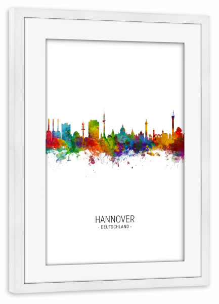 Poster mit Rahmen weiß "Hannover Skyline Portrait" artboxONE - Städte - Hannover,Germany,Skyline,Cityscape,Painting,Watercolour,Stadtbild