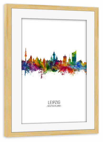 Poster mit Rahmen kiefer "Leipzig Skyline Portrait" artboxONE - Städte - Leipzig,Germany,Skyline,Cityscape,Painting,Watercolour,Stadtbild