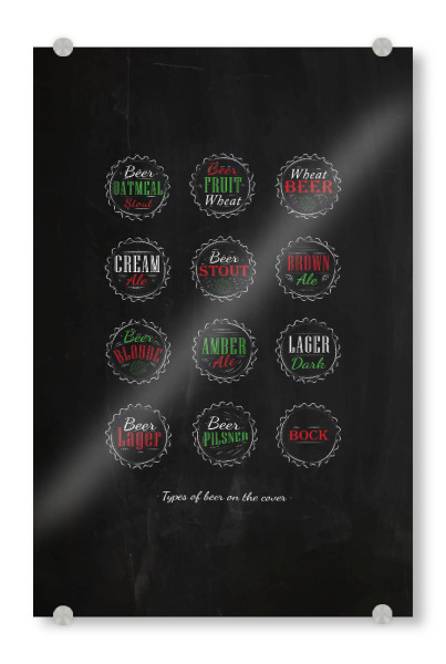Acrylglasbild "Beer caps color chalk" artboxONE - Schwarzweiß,Für Papa,Essen & Trinken / Alkohol - Beer,Alcohol,Stout,Cork,Bottle,Sorts