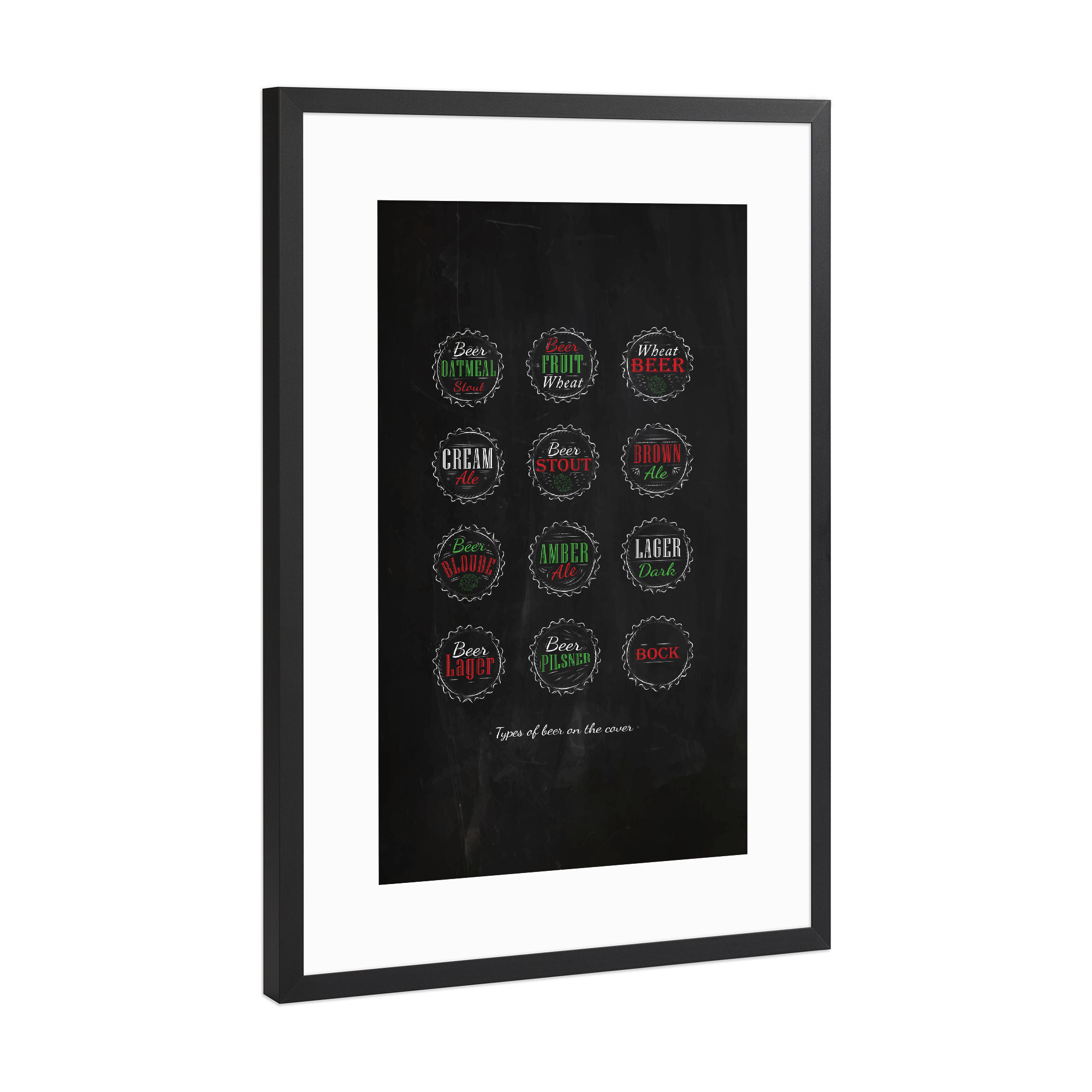 Poster mit Rahmen Schwarz (Metallic) "Beer caps color chalk" artboxONE - Schwarzweiß,Für Papa,Essen & Trinken / Alkohol