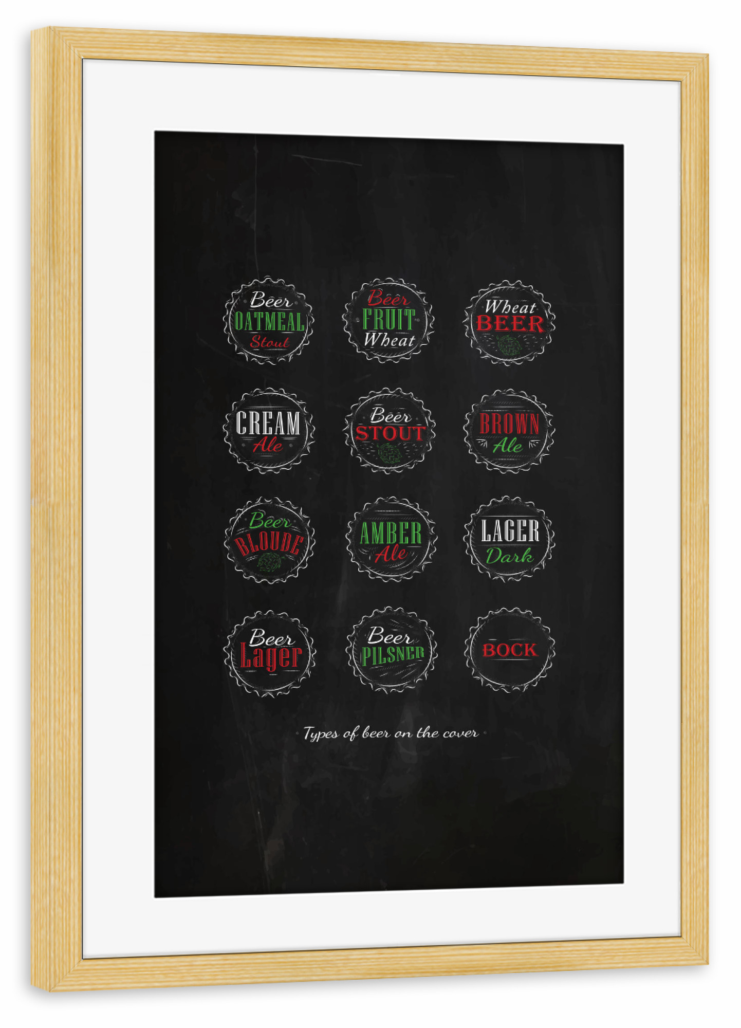 Poster mit Rahmen kiefer "Beer caps color chalk" artboxONE - Schwarzweiß,Für Papa,Essen & Trinken / Alkohol - Beer,Alcohol,Stout,Cork,Bottle,Sorts